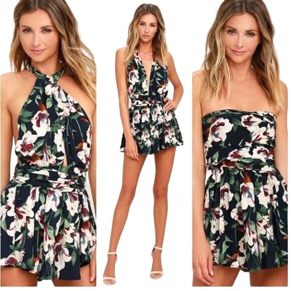 Lulu's Pants - Lulus Elated Energy Midnight Blue Tropical Print Convertible Romper Size XL